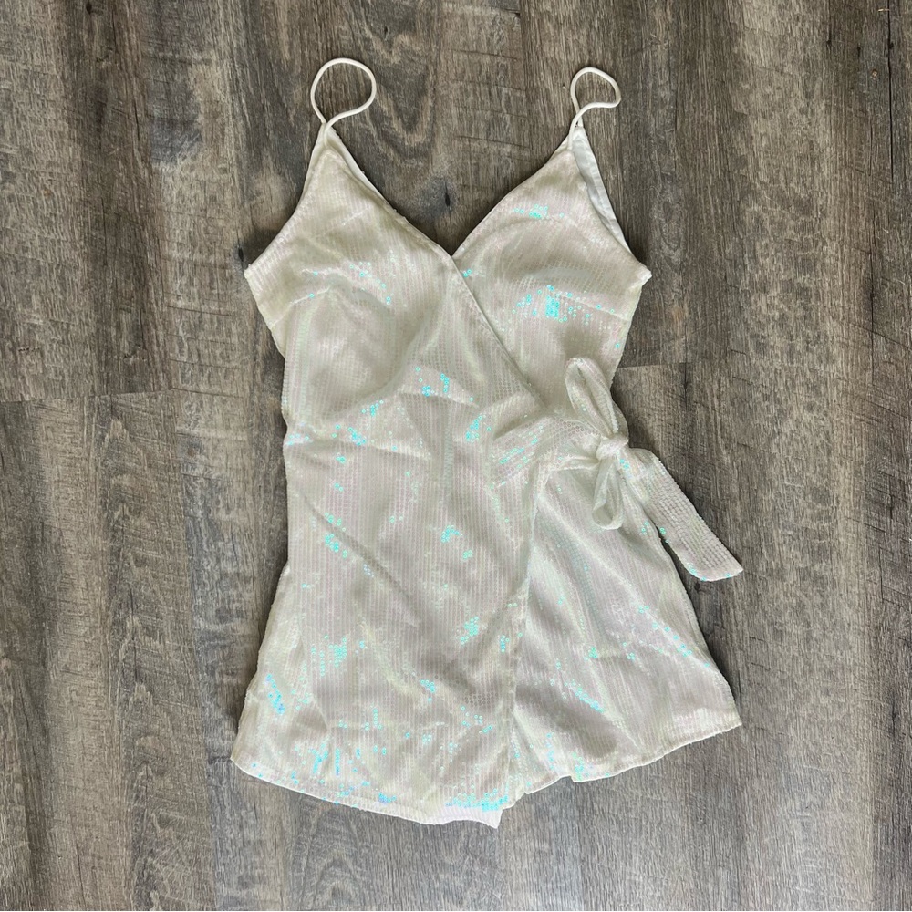 White Sequin Wrap Romper